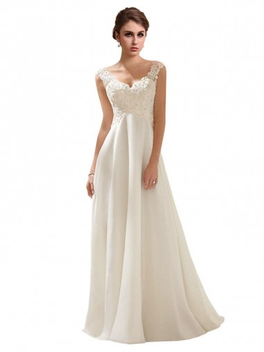 Low Back Soft Chiffon & Lace V-Neck Sweep Train Sleeveless Wedding Dress Toowoomba