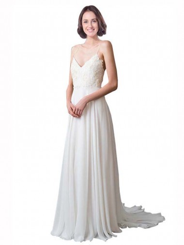 Soft Chiffon & Lace Spaghetti Straps Chapel Train Sleeveless Beach Wedding Dress Toowoomba