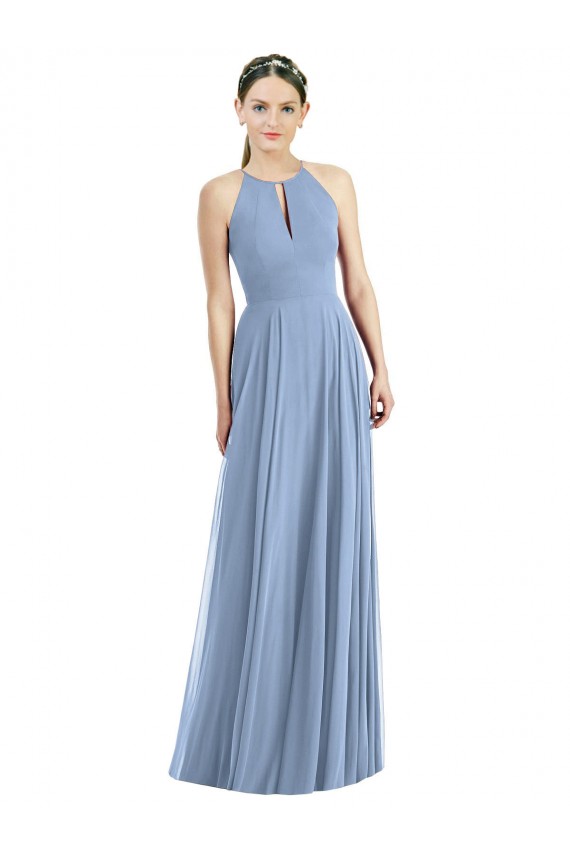 Dusty Blue Soft Chiffon Halter Neck Long Sleeveless Semi Formal Evening Dress / Bridesmaid Dress Toowoomba