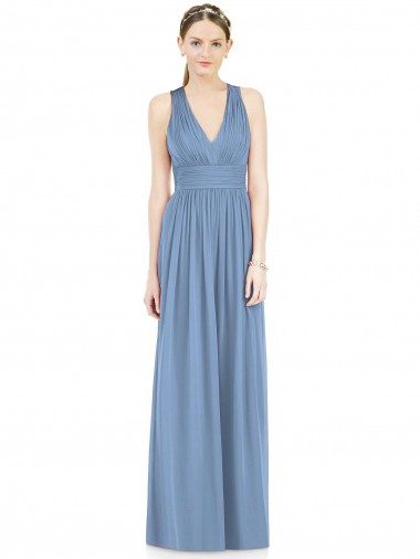 Dusty Blue Chiffon V-Neck Long Sleeveless Bridesmaid Gowns Toowoomba