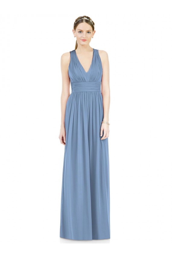 Dusty Blue Chiffon V-Neck Long Sleeveless Bridesmaid Gowns Toowoomba