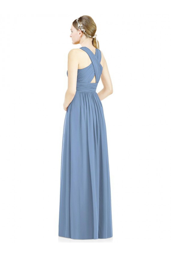 Dusty Blue Chiffon V-Neck Long Sleeveless Bridesmaid Gowns Toowoomba