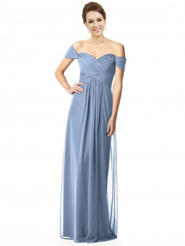 Dusty Blue Soft Chiffon Off the Shoulder Long Cap Sleeves Bridesmaid Dress Toowoomba