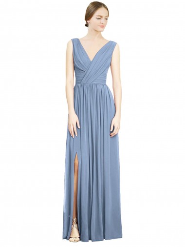 Dusty Blue Soft Chiffon V-Neck Long Sleeveless Semi Formal Evening Dress / Bridesmaid Dress Toowoomba