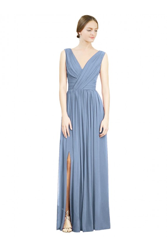 Dusty Blue Soft Chiffon V-Neck Long Sleeveless Semi Formal Evening Dress / Bridesmaid Dress Toowoomba