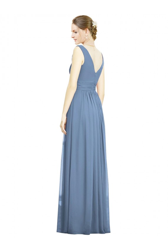 Dusty Blue Soft Chiffon V-Neck Long Sleeveless Semi Formal Evening Dress / Bridesmaid Dress Toowoomba