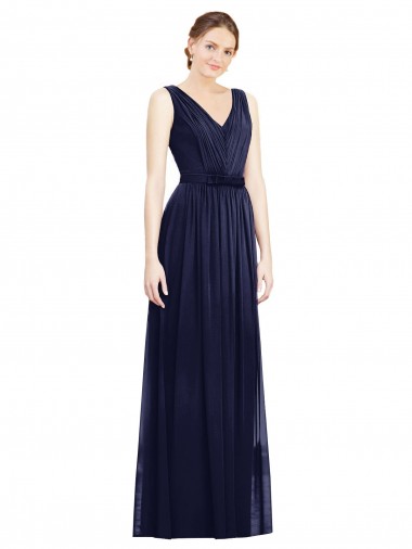 Dark Navy Chiffon V-Neck Long Sleeveless Bridesmaid Gowns Toowoomba