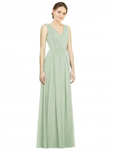 V-Back Sage Soft Chiffon V-Neck Long Sleeveless Bridesmaid Dress Toowoomba
