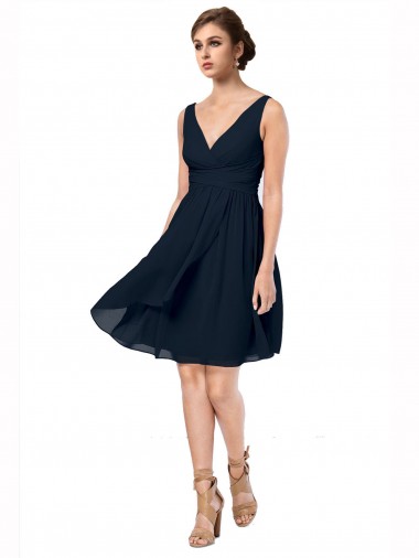 Dark Navy Soft Chiffon V-Neck Knee Length Sleeveless Bridesmaid Dress Toowoomba