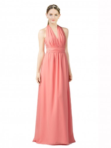 Watermelon Soft Chiffon Halter Neck Long Sleeveless Bridesmaid Dress Toowoomba