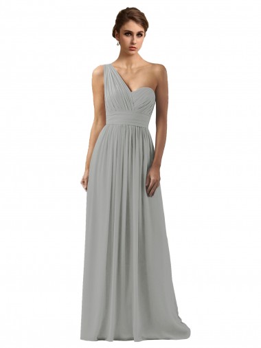 Silver Soft Chiffon One Shoulder Long Sleeveless Bridesmaid Dress Toowoomba
