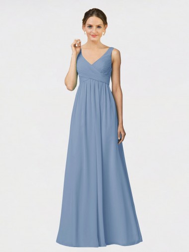 Dusty Blue Soft Chiffon Spaghetti Straps Long Sleeveless Bridesmaid Gown Toowoomba