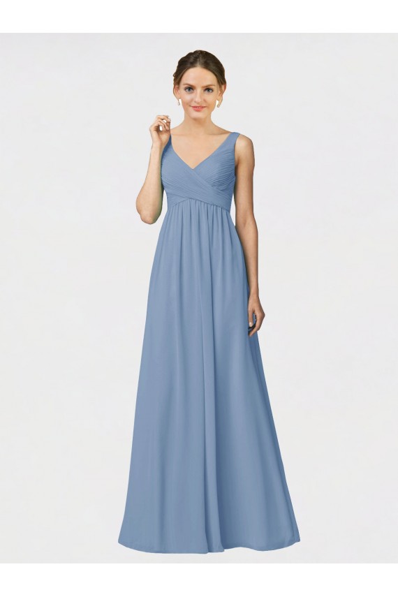 Dusty Blue Soft Chiffon Spaghetti Straps Long Sleeveless Bridesmaid Gown Toowoomba