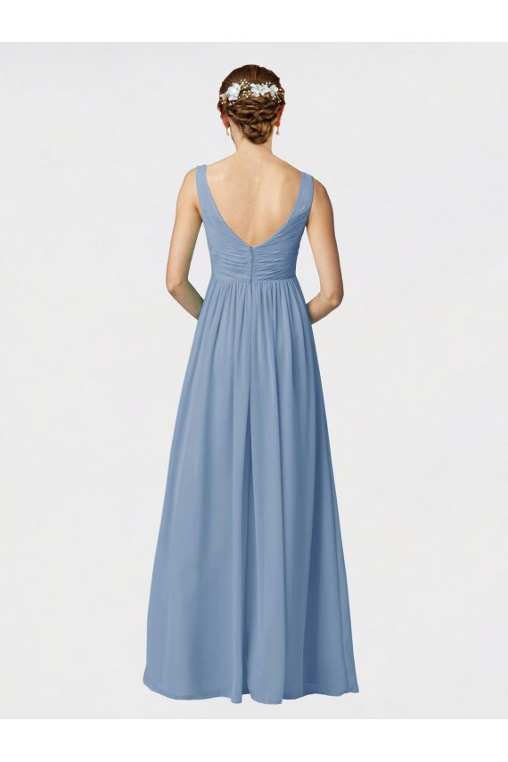 Dusty Blue Soft Chiffon Spaghetti Straps Long Sleeveless Bridesmaid Gown Toowoomba