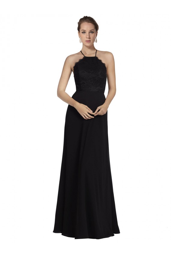 Keyhole Back Soft Chiffon & Lace Halter Neck Long Sleeveless Bridesmaid Gown Toowoomba