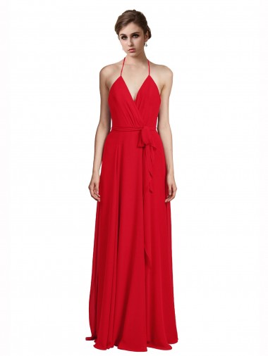 Red Chiffon Spaghetti Straps Long Sleeveless Bridesmaid Dress Toowoomba