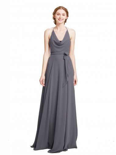 Slate Grey Soft Chiffon Spaghetti Straps Long Sleeveless Bridesmaid Dress Toowoomba