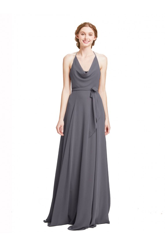 Slate Grey Soft Chiffon Spaghetti Straps Long Sleeveless Bridesmaid Dress Toowoomba
