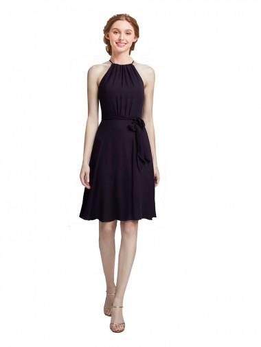 Grape Soft Chiffon Halter Neck Knee Length Sleeveless Bridesmaid Dress Toowoomba