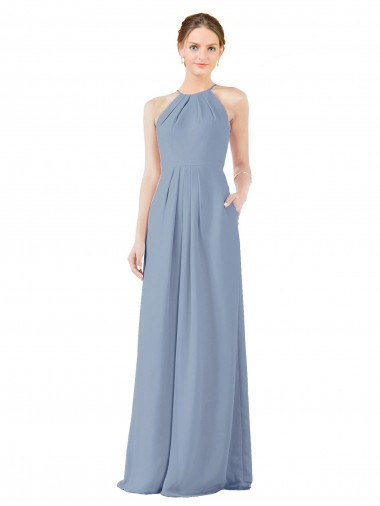 Keyhole Back Dusty Blue Soft Chiffon Halter Neck Long Sleeveless Bridesmaid Dress Toowoomba