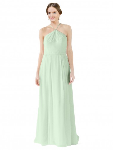 Sage Soft Chiffon Halter Neck Long Sleeveless Bridesmaid Dress Toowoomba