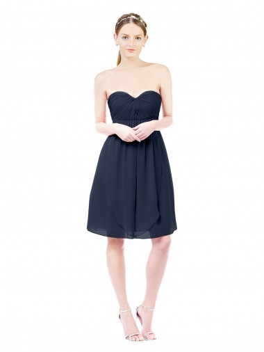 Open Back Dark Navy Soft Chiffon Sweetheart Knee Length Sleeveless Bridesmaid Dress Toowoomba