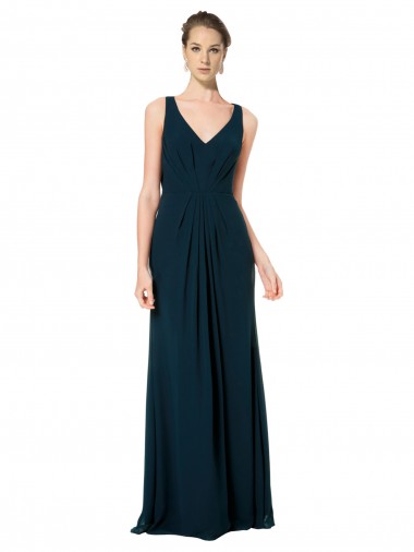 Midnight Green Soft Chiffon V-Neck Long Sleeveless Bridesmaid Dress Toowoomba
