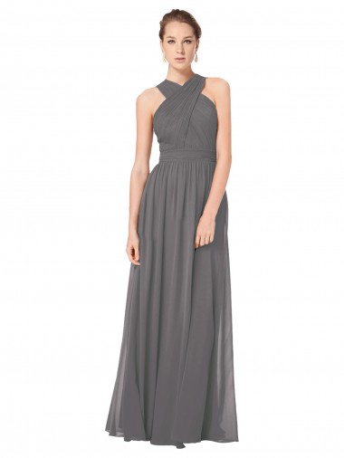 Keyhole Back Stormy Silver Soft Chiffon Halter Neck Long Sleeveless Bridesmaid Dress Toowoomba