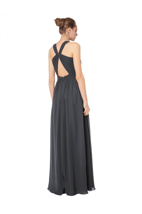 Keyhole Back Stormy Silver Soft Chiffon Halter Neck Long Sleeveless Bridesmaid Dress Toowoomba