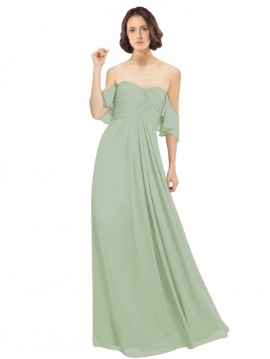 Smoke Green Soft Chiffon Off the Shoulder Long Cold Shoulder Bridesmaid Dress Toowoomba