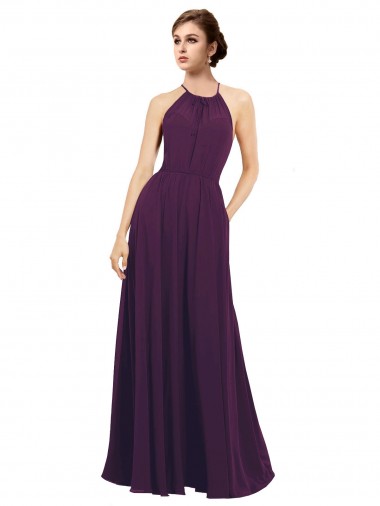 Keyhole Back Grape Chiffon Halter Neck Long Sleeveless Bridesmaid Dress / Evening Dress Toowoomba