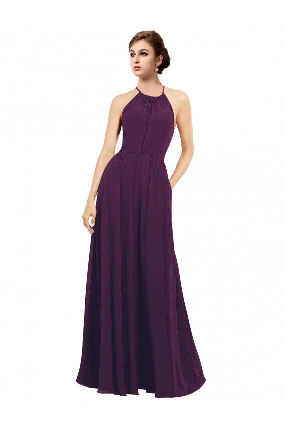 Keyhole Back Grape Chiffon Halter Neck Long Sleeveless Bridesmaid Dress / Evening Dress Toowoomba