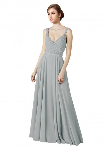 Silver Chiffon V-Neck Long Sleeveless Bridesmaid Dress / Evening Dress Toowoomba