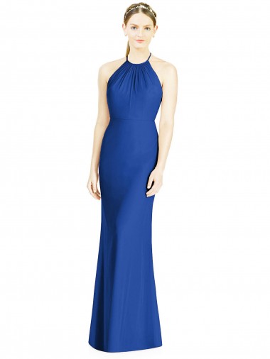 Open Back Royal Blue Soft Chiffon Halter Neck Long Sleeveless Bridesmaid Dress Toowoomba