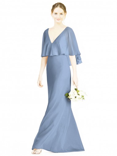 Dusty Blue Soft Chiffon V-Neck Long Sleeveless Bridesmaid Dress Toowoomba