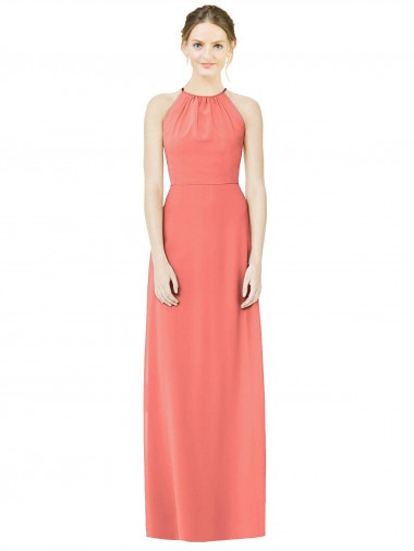 Keyhole Back Coral Soft Chiffon Halter Neck Long Sleeveless Bridesmaid Dress Toowoomba