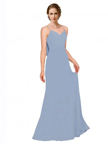 Dusty Blue Chiffon Spaghetti Straps Long Sleeveless Bridesmaid Dress / Evening Dress Toowoomba