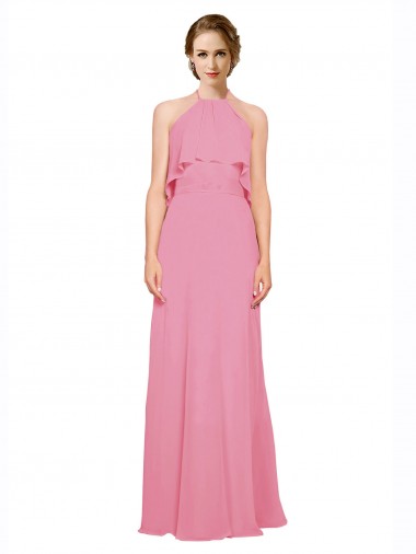Low Back Skin Pink Soft Chiffon Halter Neck Long Sleeveless Bridesmaid Dress Toowoomba