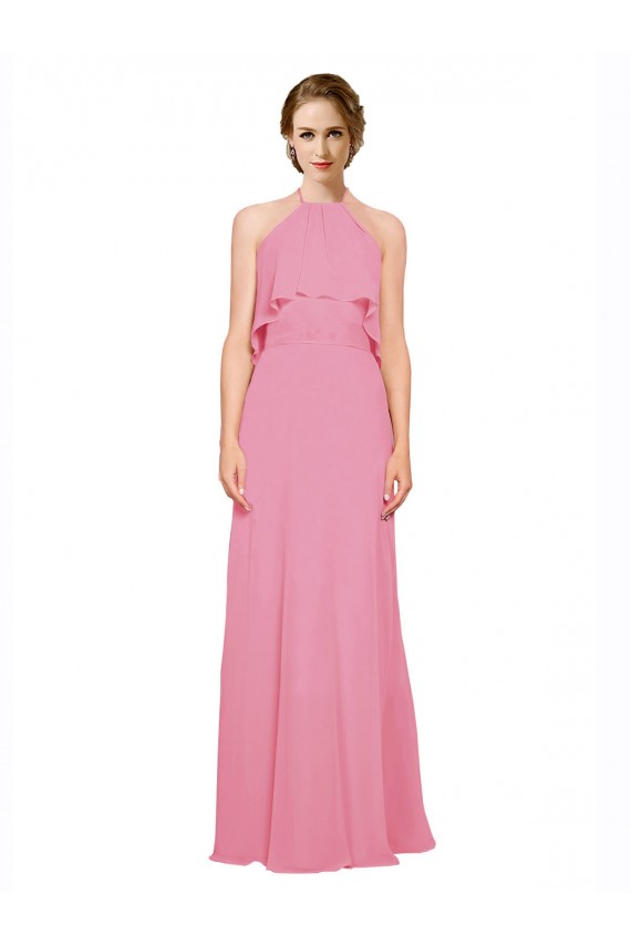 Low Back Skin Pink Soft Chiffon Halter Neck Long Sleeveless Bridesmaid Dress Toowoomba