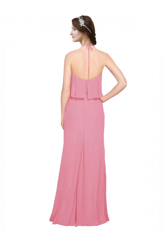 Low Back Skin Pink Soft Chiffon Halter Neck Long Sleeveless Bridesmaid Dress Toowoomba