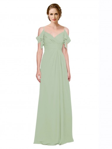 Low Back Smoke Green Lxue Chiffon Off the Shoulder Long Sleeveless Bridesmaid Dress Toowoomba