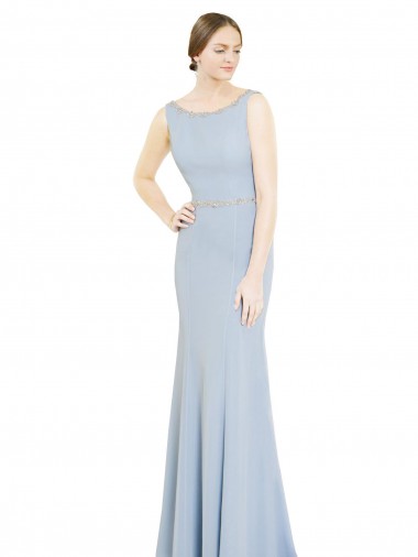 Low Back Light Sky Blue Soft Chiffon Boat Neck Long Sleeveless Bridesmaid Dress Toowoomba