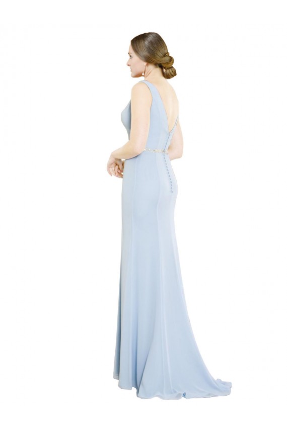 Low Back Light Sky Blue Soft Chiffon Boat Neck Long Sleeveless Bridesmaid Dress Toowoomba