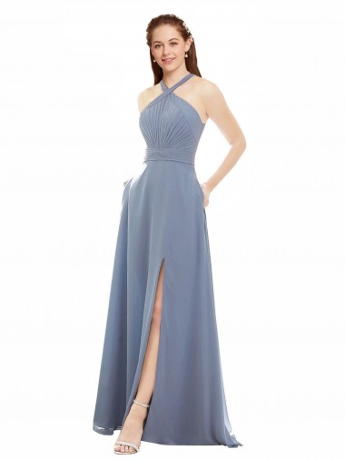 Soft Chiffon Halter Neck Long Sleeveless Evening Dress / Bridal Party Dress Toowoomba
