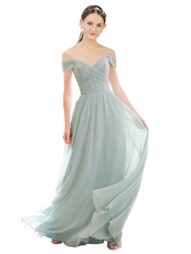 Sea Glass Soft Chiffon & Lace Off the Shoulder Long Cap Sleeves Bridesmaid Dress Toowoomba