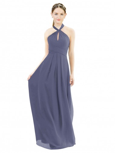 Low Back Silver Stone Soft Chiffon Halter Neck Long Sleeveless Bridesmaid Dress Toowoomba
