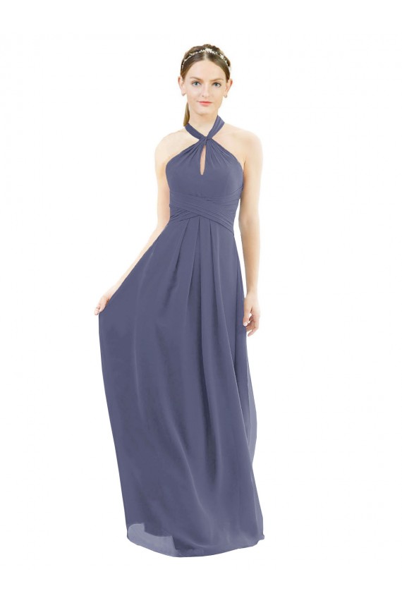 Low Back Silver Stone Soft Chiffon Halter Neck Long Sleeveless Bridesmaid Dress Toowoomba