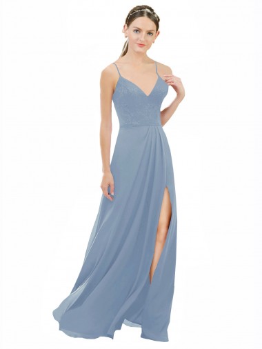 Keyhole Back Soft Chiffon & Lace Spaghetti Straps Long Sleeveless Bridesmaid Dress Toowoomba