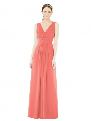 V-Back Coral Soft Chiffon V-Neck Long Sleeveless Bridesmaid Dress Toowoomba