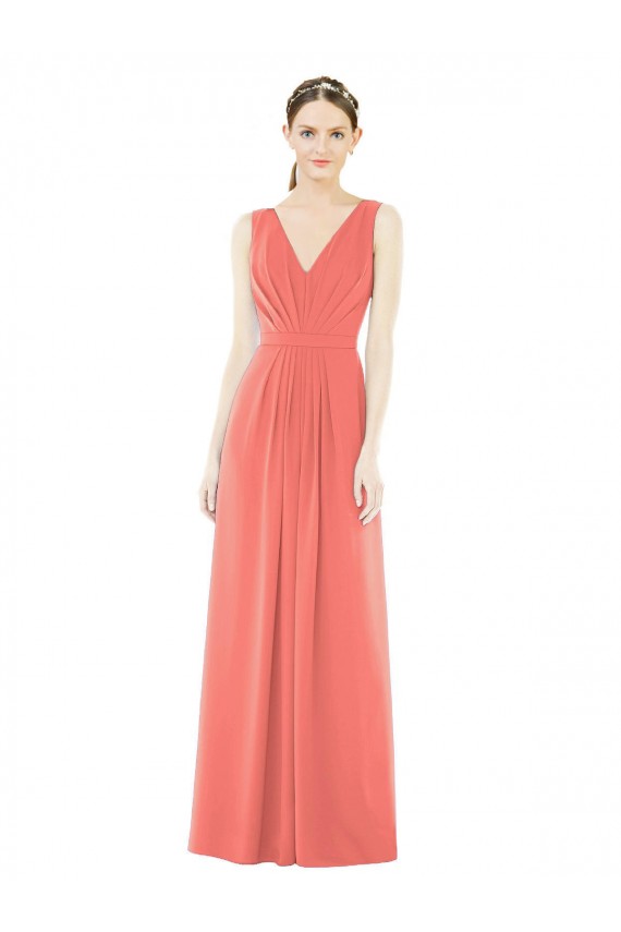 V-Back Coral Soft Chiffon V-Neck Long Sleeveless Bridesmaid Dress Toowoomba
